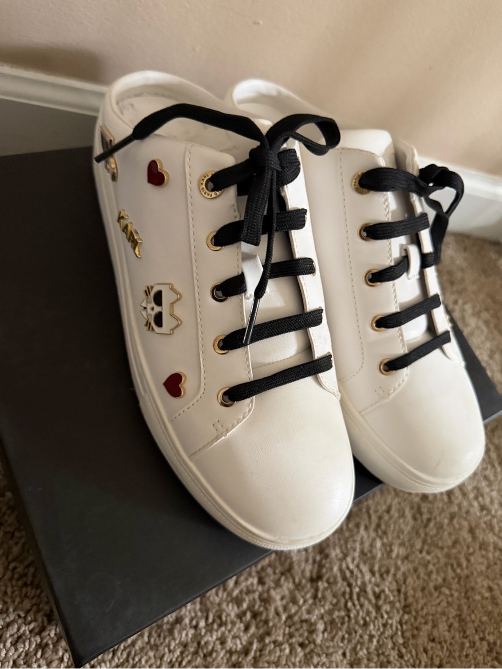 Karl Lagerfeld White Leather Sneakers with Black Laces and Red Heart Accents